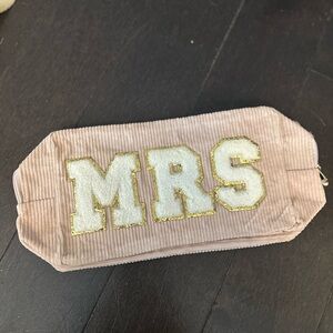 Beige Corduroy “MRS” Chenille Patch Zipper Pouch Bridal Makeup Bag